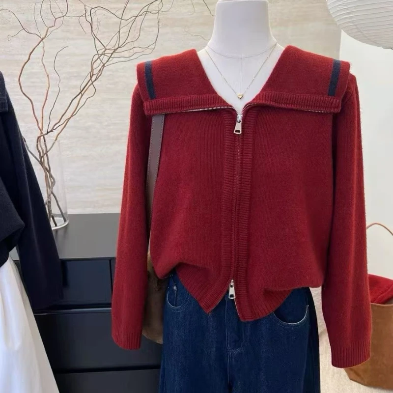 Automne hiver pull court femmes 2025 nouvelle mode ample tricots de couleur Pure fermeture éclair grande taille vêtements d'extérieur femme