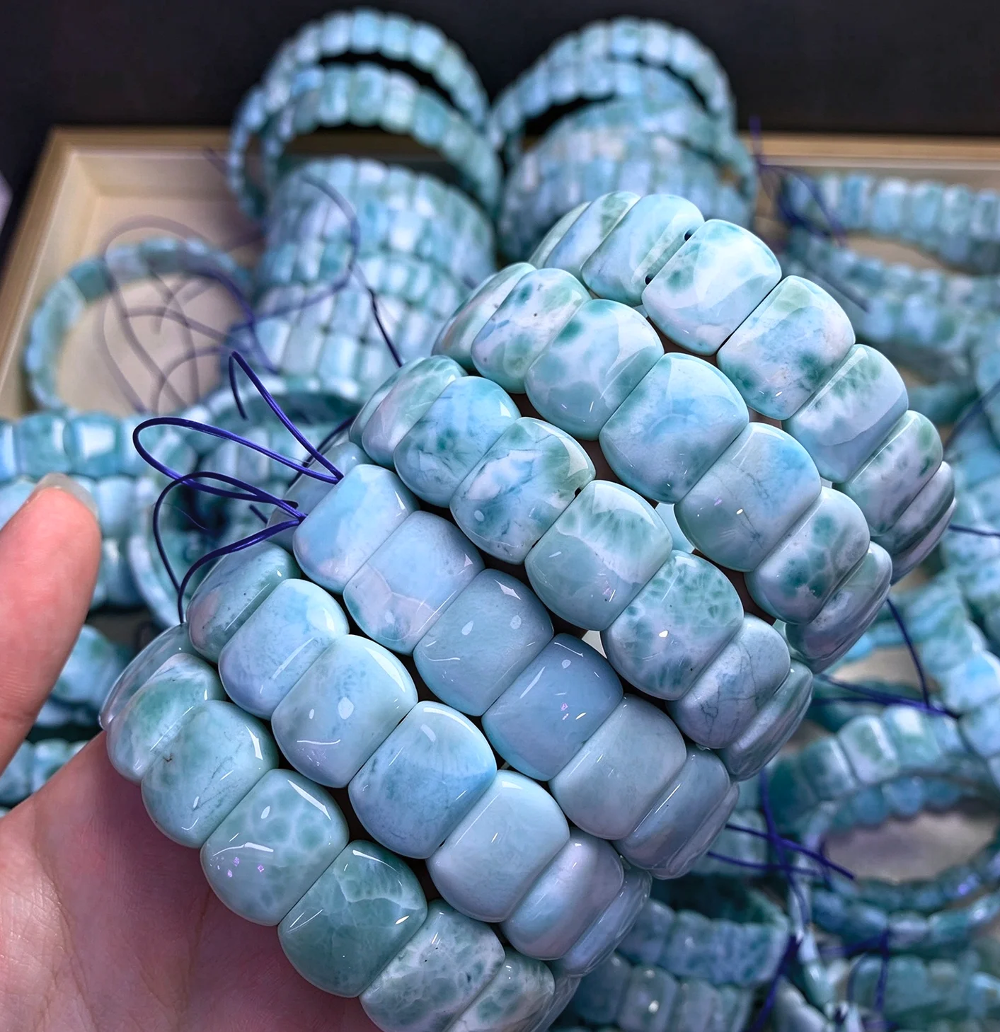 Natural Blue Larimar Rectangle Beads Stretch Bracelet