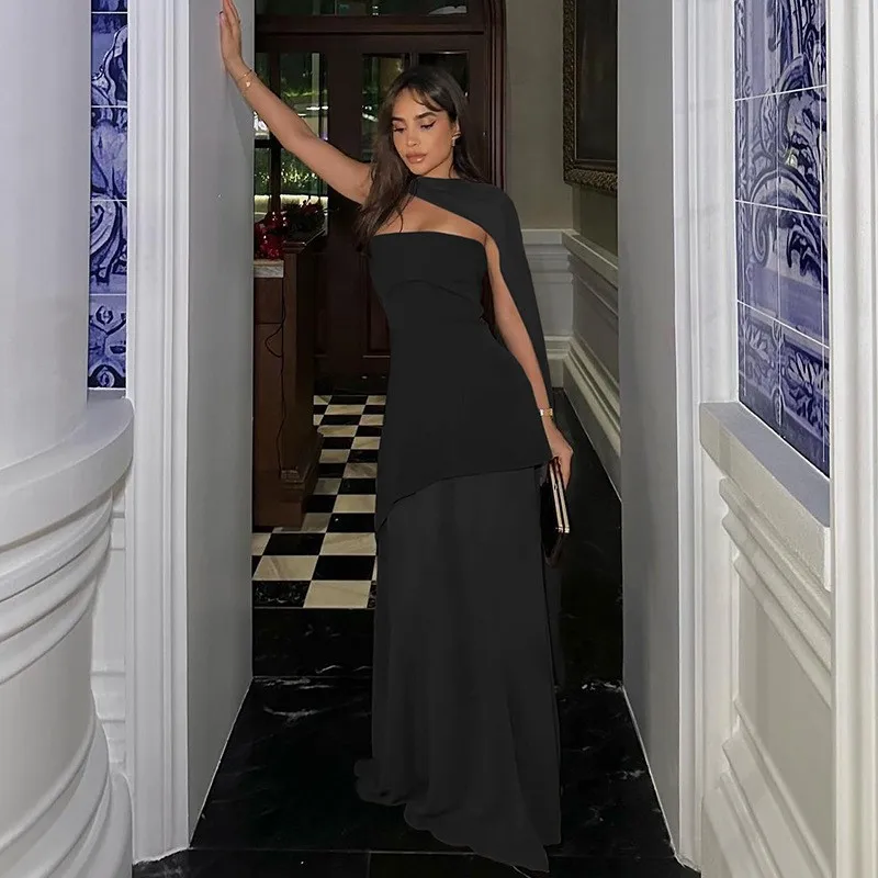 

European and American 2025 new spring women's sexy Fashionable slim fit backless mesh patchwork strapless dress scarf collar set