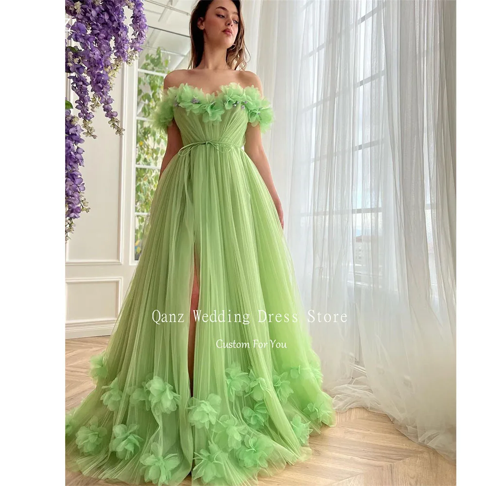 

Qanz Fairy Long Evening Dresses Off the Shoulder 3D Handmade Flowers Long A Line Tulle Prom Dress Slit Vestidos De Noche Elegant