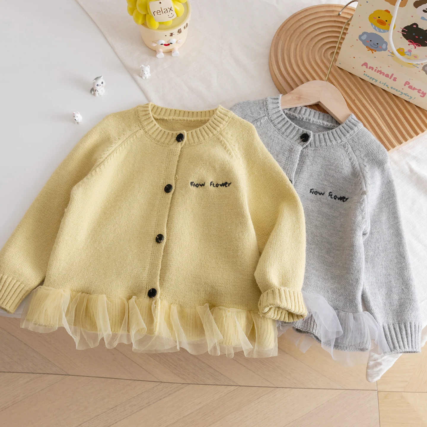 

Sweet Girl's Knitted Sweater Jacket Korean Style Autumn New Mesh Spliced Open Cardigan Cotton Long Sleeve Children's Fashion Top