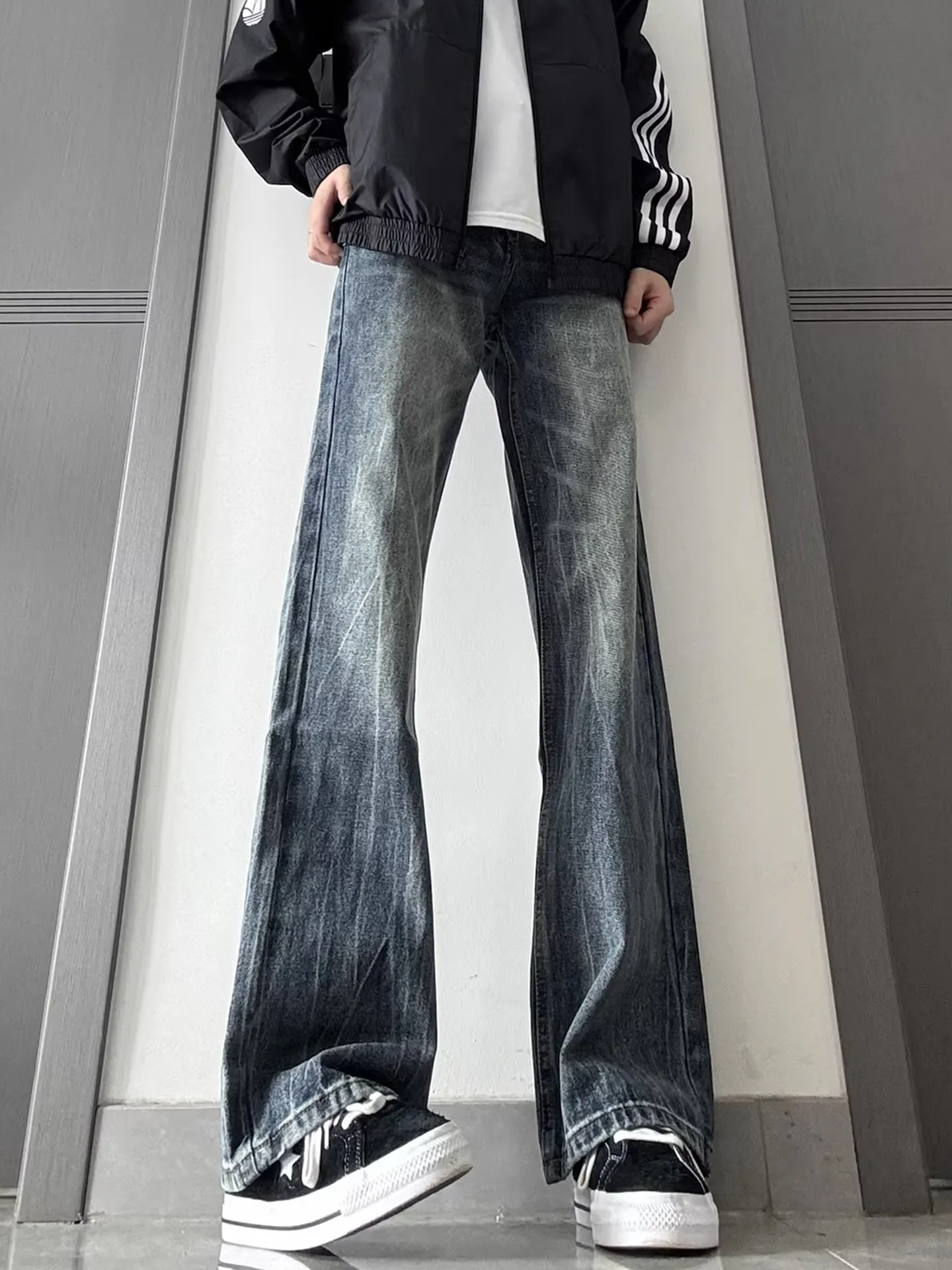 

American Lightning Pattern Slim Fit Jeans Men's Spring Autumn High Street Cleanfit Teenage Straight Leg Pants