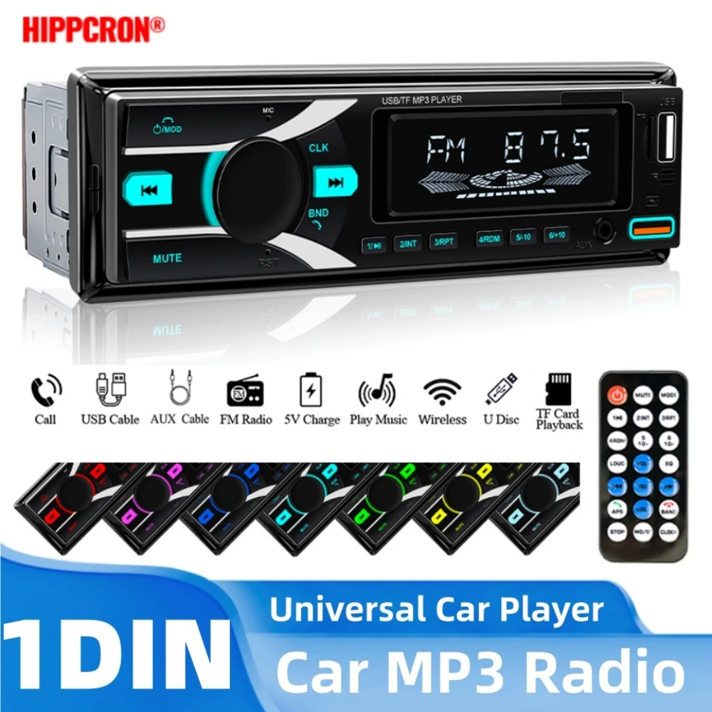 Radio MP3 para coche HIPPCRON 1 Din, reproductor de coche con 7 luces de colores, estéreo para coche, radio FM universal con control remoto opcional.