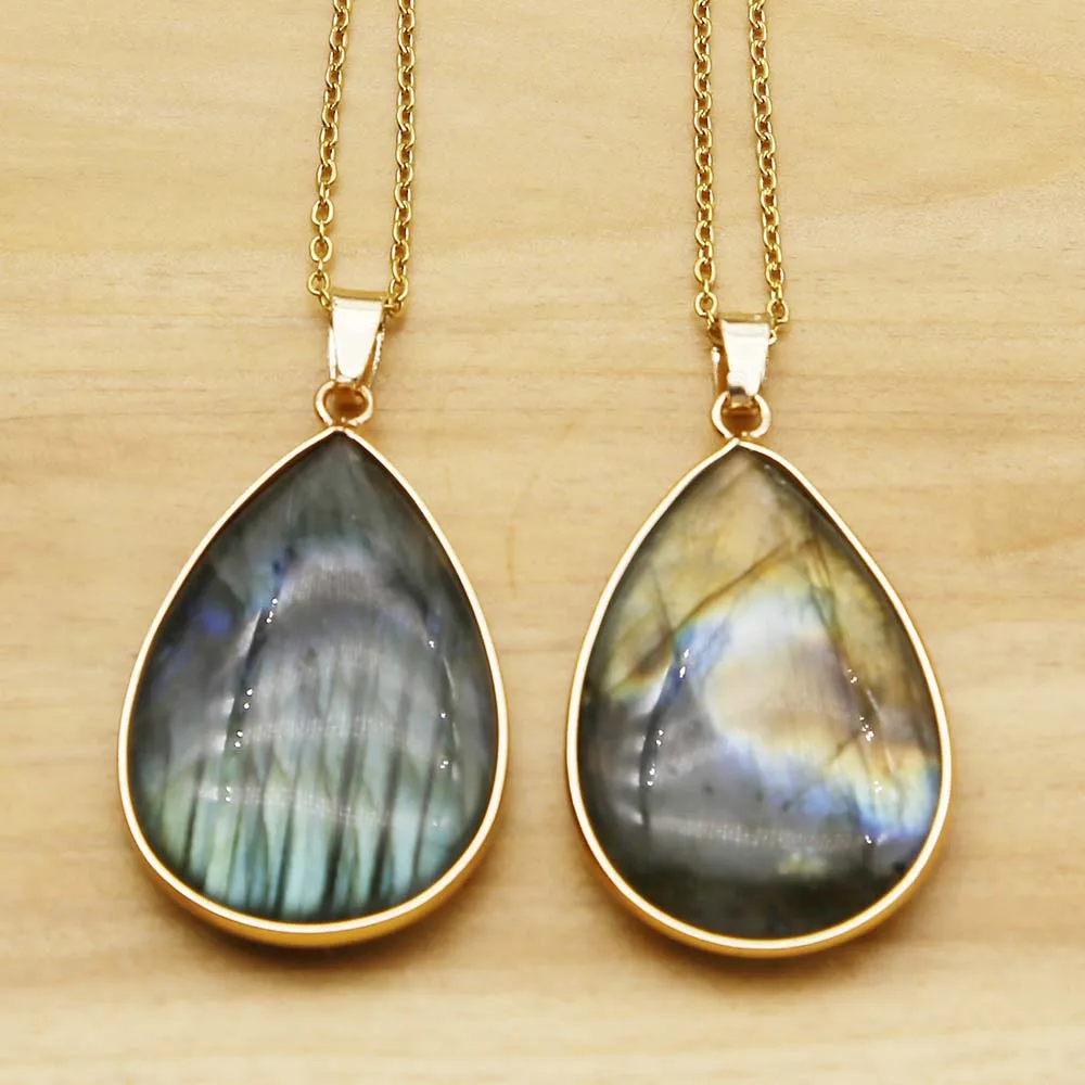 Natural Gray Flash Stone Gilded Edge Water Drop Pendant Stainless Steel Chain Necklace Charms Jewelry Accessories Wholesale 4Pcs