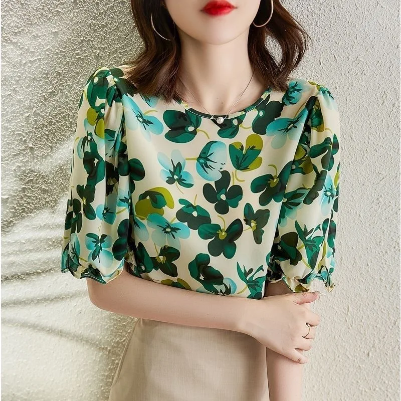 

Women Spring Summer Style Blouses Shirts Lady Casual Short Puff Sleeve O-Neck Flower Printed Blusas Tops ZZ1879