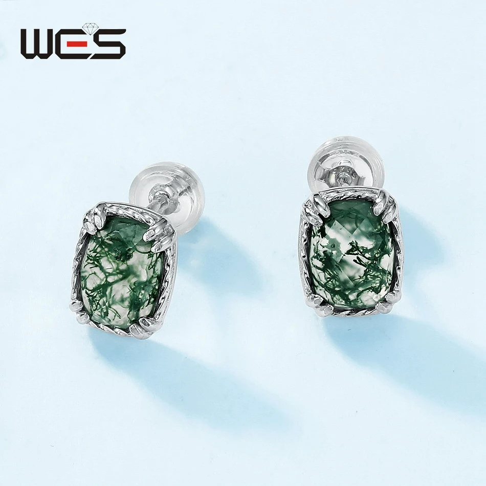 Wes 925 Sterling Zilveren Oorknopjes Voor Vrouw Natuurlijke Mosagaat 5*7Mm Gecertificeerde Sieraden Mode Feest Jubileum Cadeau