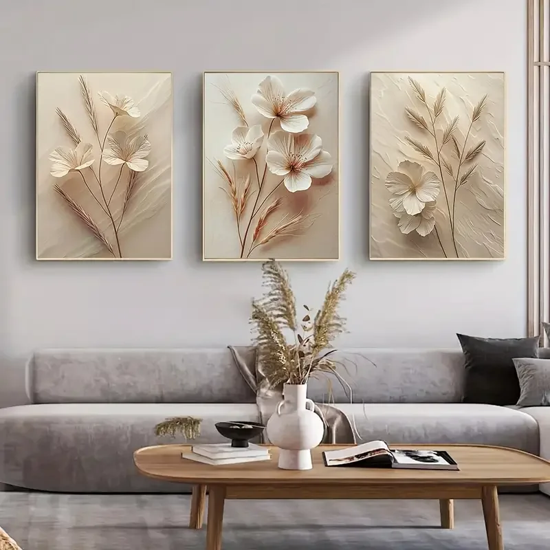 3-Piece Set of Modern Beige Plant Canvas Wall Art Prints, Frameless Poster for Living Room Decor, Indoor Portrait Orientation, O