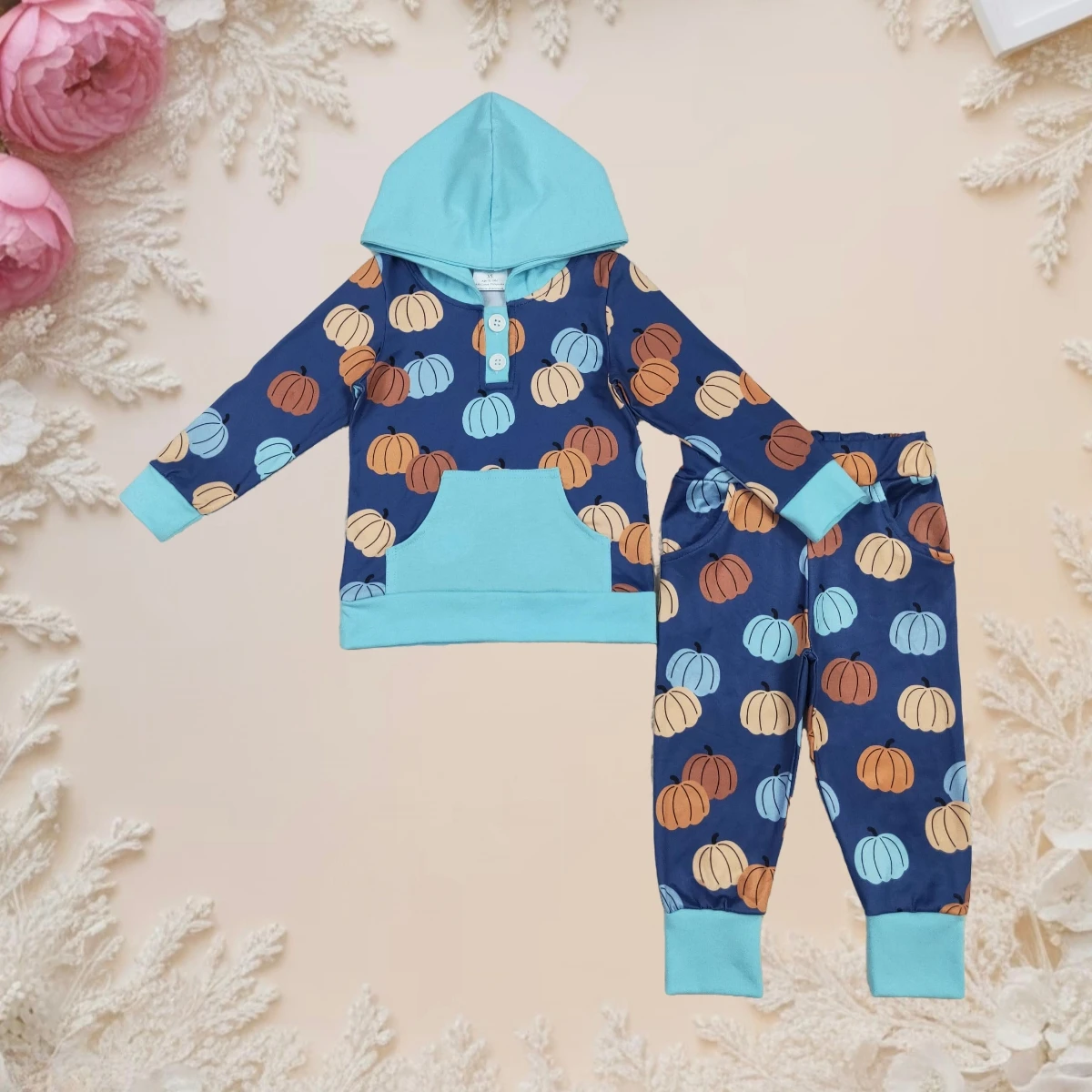 

Baby Boy Long Sleeve Sweatshirt Sets Kids Toddler Fall Hoodie Outfit Pockets Colorful Pumpkins Button Tops and Legging Pant Suit