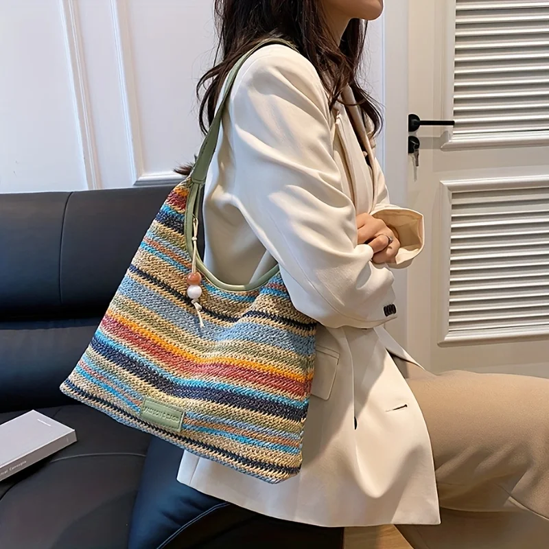 Bohemian Multicolored Striped Handbag with Tassel Decoration  A Lightweight Beach Bag Suitable for Travel, Vacation, and Leisure