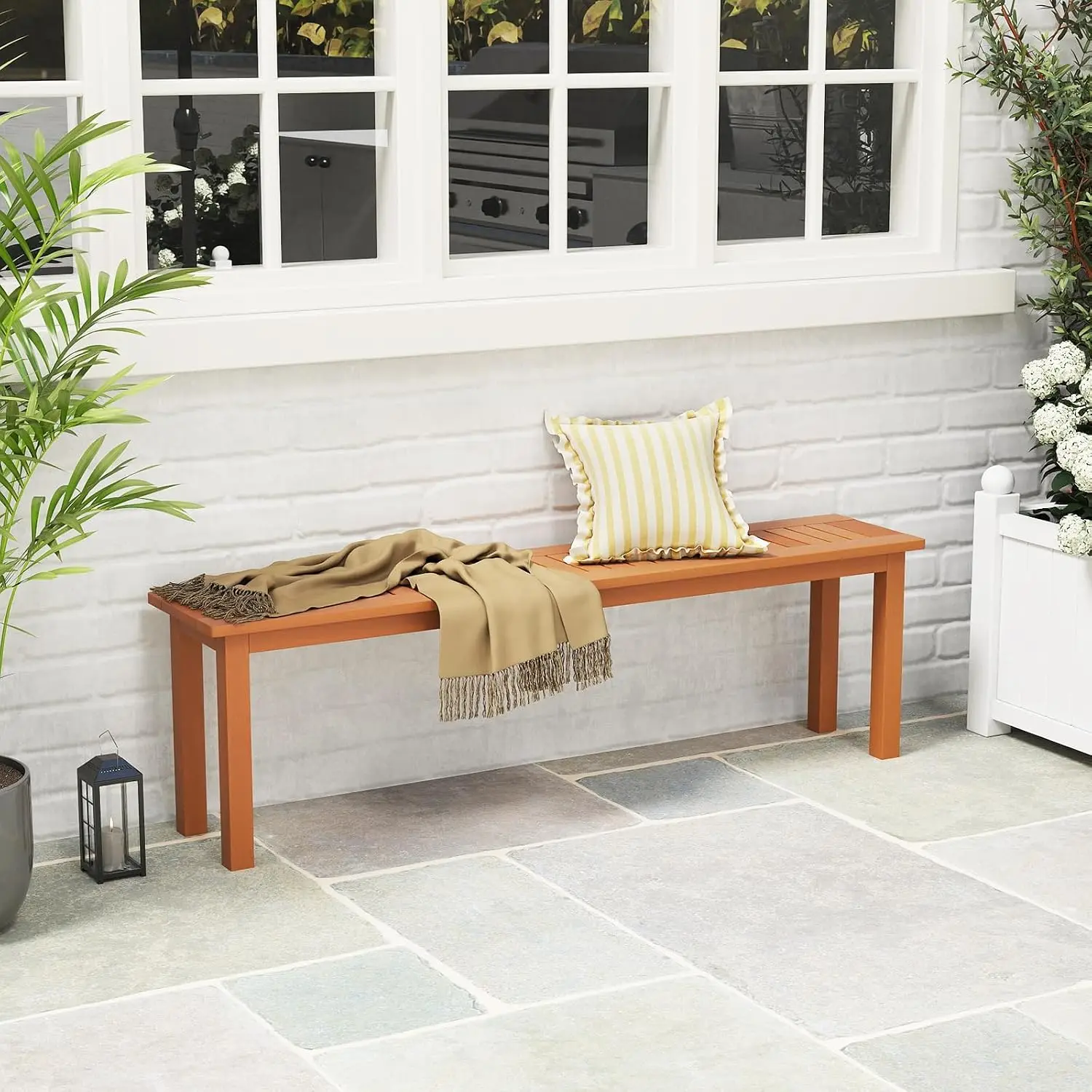 Outdoor Wood Bench, 59” Long Patio Dining Bench, Backless Wooden Bench with Teak Oil Finish & Slat Seat, Accent Entryway Bench