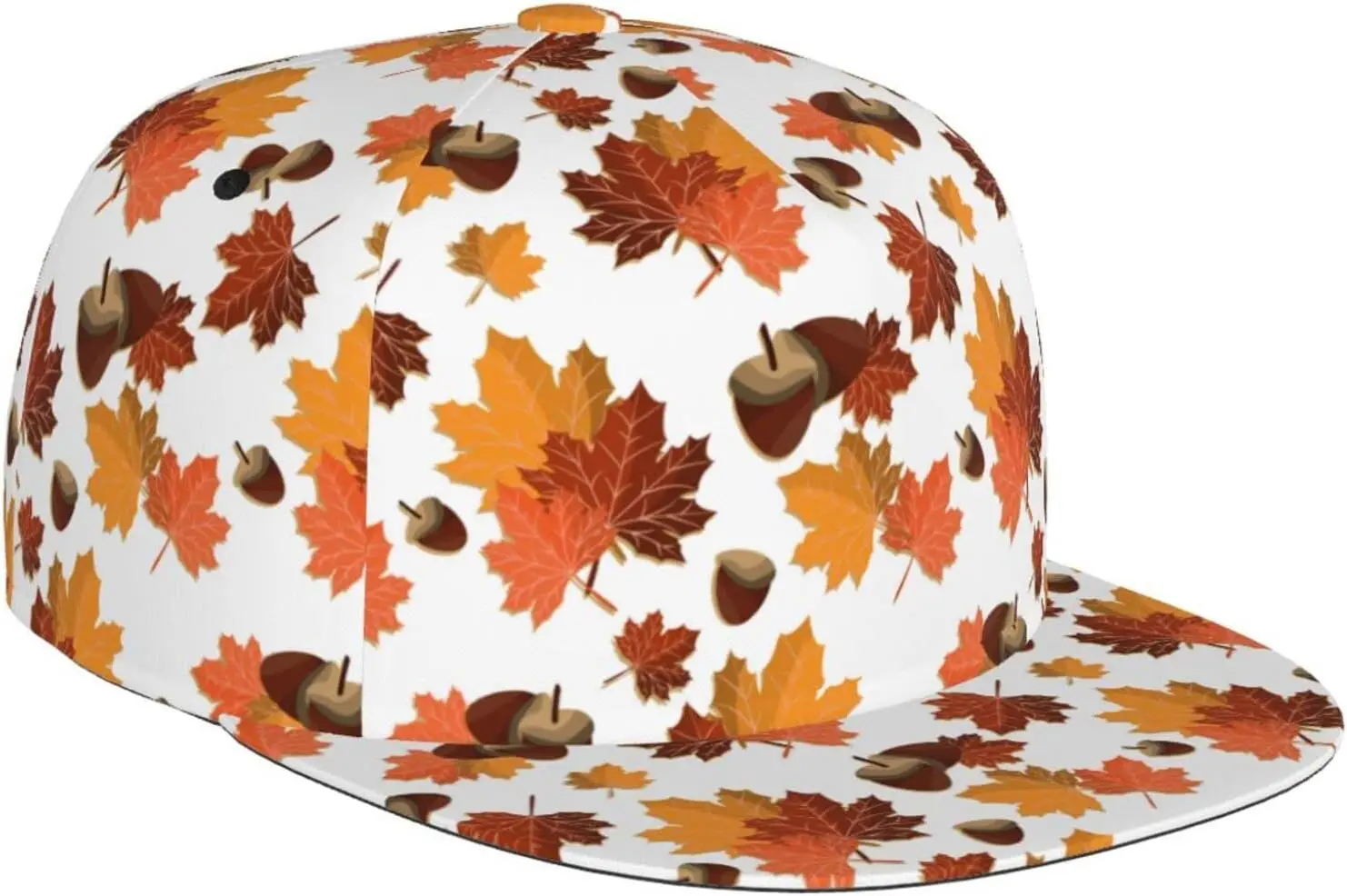 Fall Harvest Autumn Seasonal Leave Leaf Nut Pattern Flat Bill Hat, Unisex Snapback Baseball Cap Hip Hop Style Flat Visor