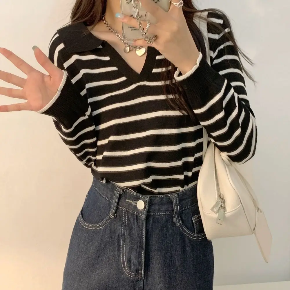 

Simple V-neck Stripe Long Sleeve Top Thin Slim Fit Y2k Patchwork Knitwear Lapel Pullover Stripe T-Shirt Female