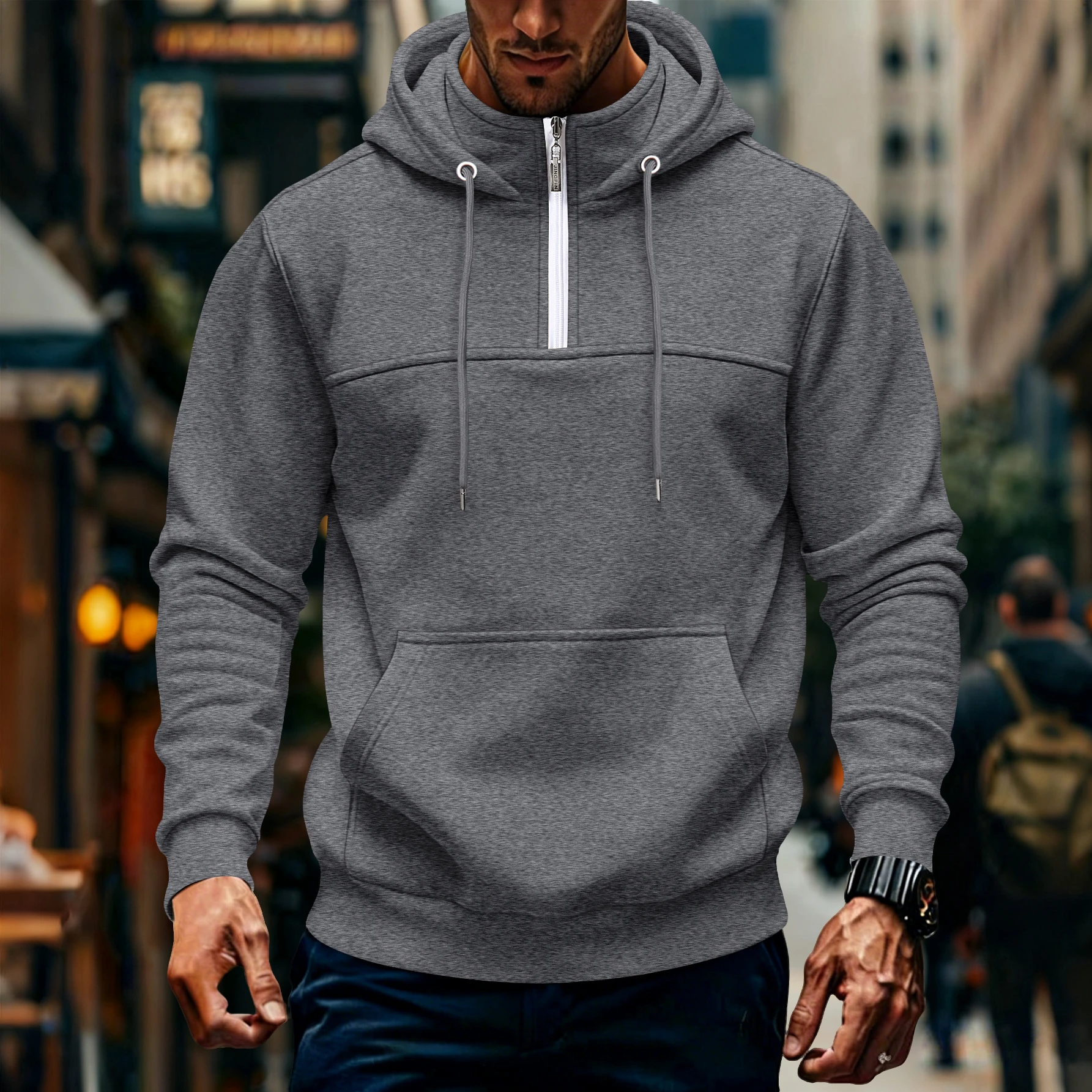 Grenzüberschreitender neuer Herbst-Winter-Freizeit-Sport-Hoodie für Herren mit Reißverschlusskragen im modischen Stil. – Detail 1