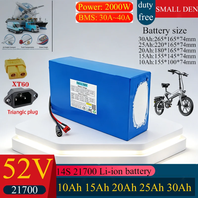 

new 21700 52V 30Ah 25Ah 20Ah 15Ah 10Ah battery pack with built-in independent BMS 0~1500W high-power battery Large capacity