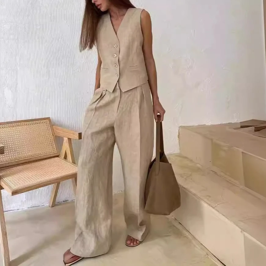 

Women’s Vest & Wide Leg Pants 2 Piece Set Sleeveless Button Down Waistcoat & High Waist Trousers Outfit Casual Chic Summer Suit