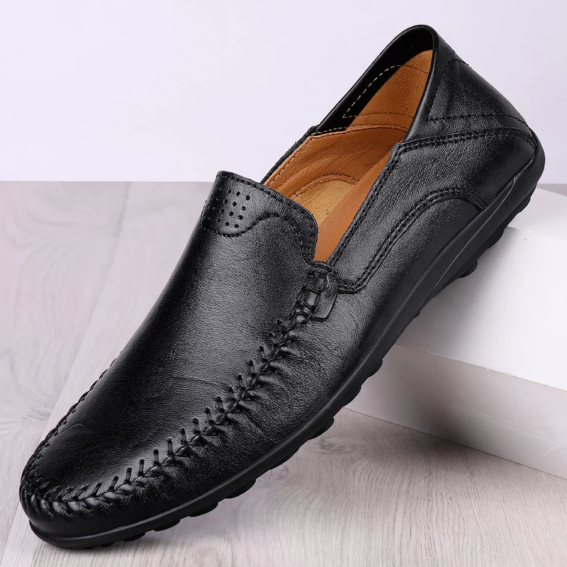CLOHOO Men\'s Stitching None Slip Genuine Leather Shoes Handmade Loafer Business Wedding Plus Size Formal Casual Shoes for Men
