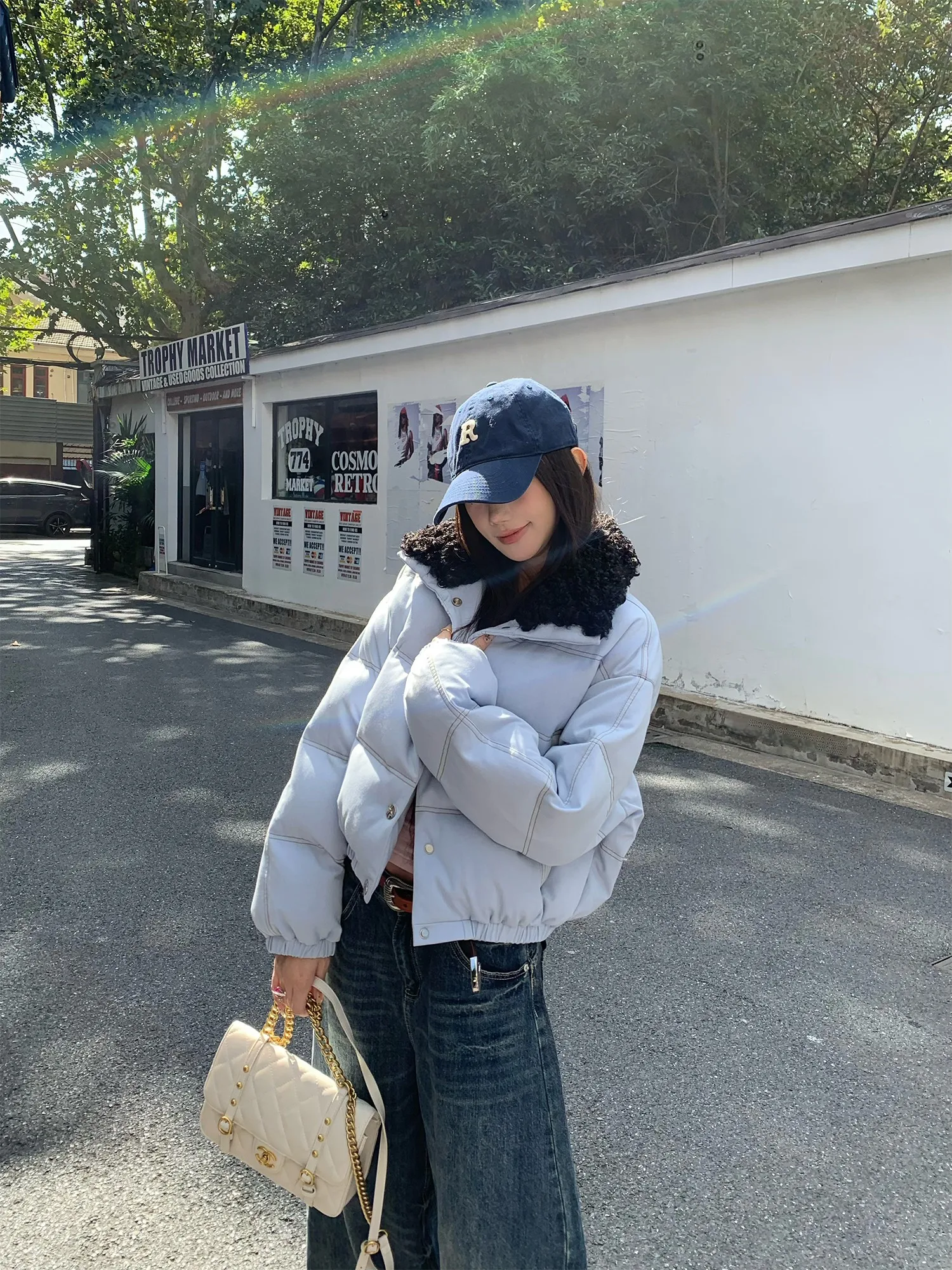 

ort Quilted Jaet Women's Faion Casual Sle 90% White Du down Warm Thiened Long Sve Button Closure Lamb Fur Collar