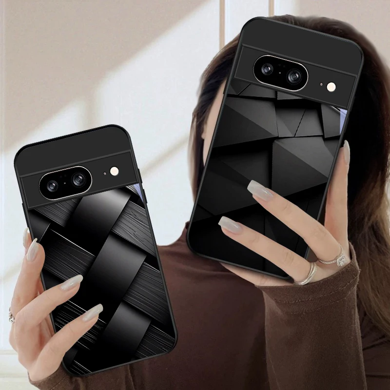 Dark geometric texture For Google Pixel 10 Pro XL Pixel 9 Pro XL Pixel 8a 7a Pixel 7 Pro Pixel 8 7 9 10 Black Glass Phone Case view 3