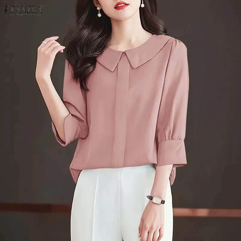 

Elegant Woman Satin Silk Blouses Vintage Peter-Pan Collar 3/4 Puff Sleeve Solid Color Tops ZANZEA Summer Classy Blusas de Mujer