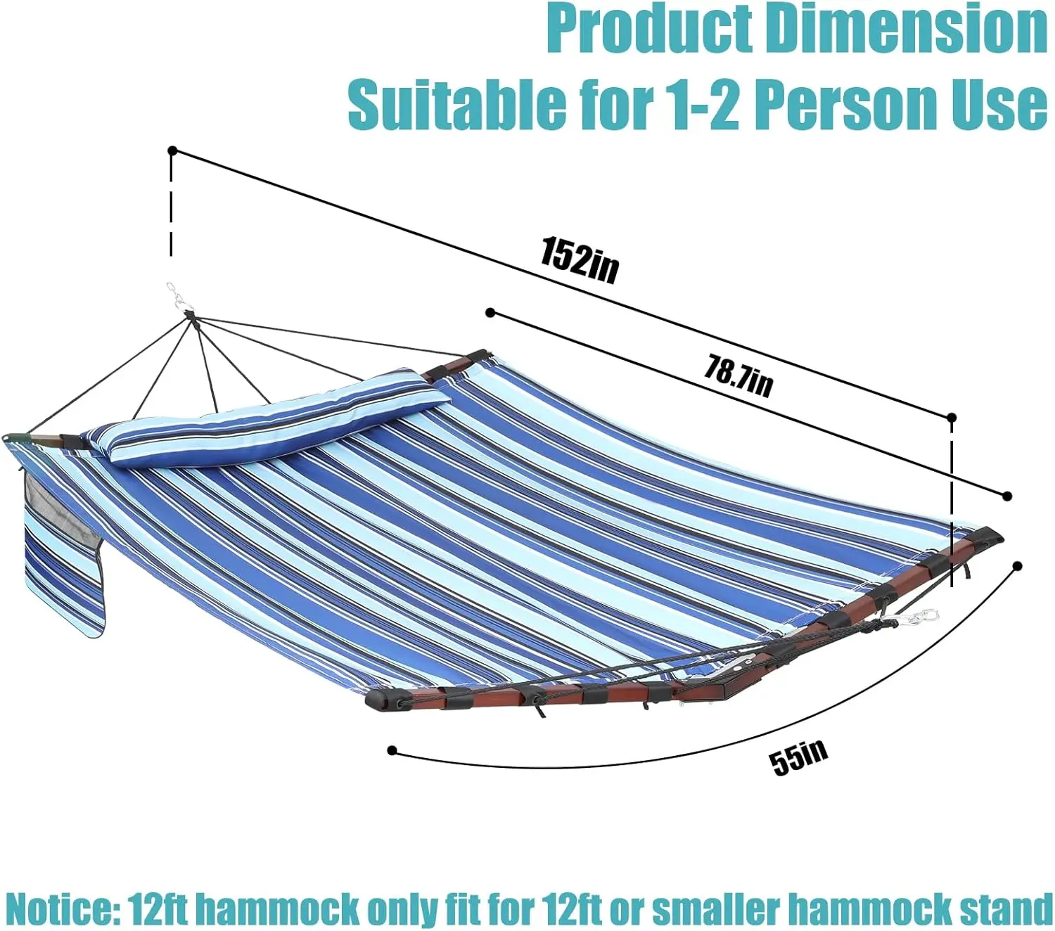 Grand hamac en forme de V, barre d'écartement en bois dur, corde en nylon, patio extérieur, jardin, 12 pieds, capacité de 450lb