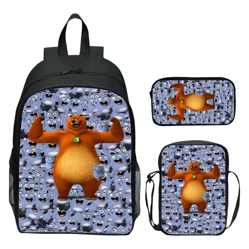 حقيبة ظهر للأطفال مقاس 16 بوصة مكونة من 3 قطع من Grizzy Bear حقيبة ظهر للمدرسة الابتدائية حقيبة كتف مقلمة