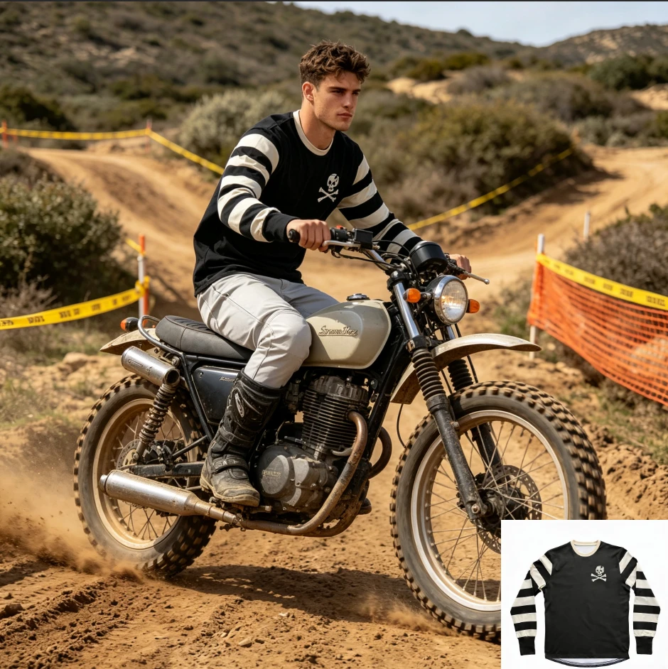 Fashion Striped T-shirt Features A Retro Pirate Skull Design As Its Core Off-road Bicycle Long Sleeved Endurance Race 3D Shirt