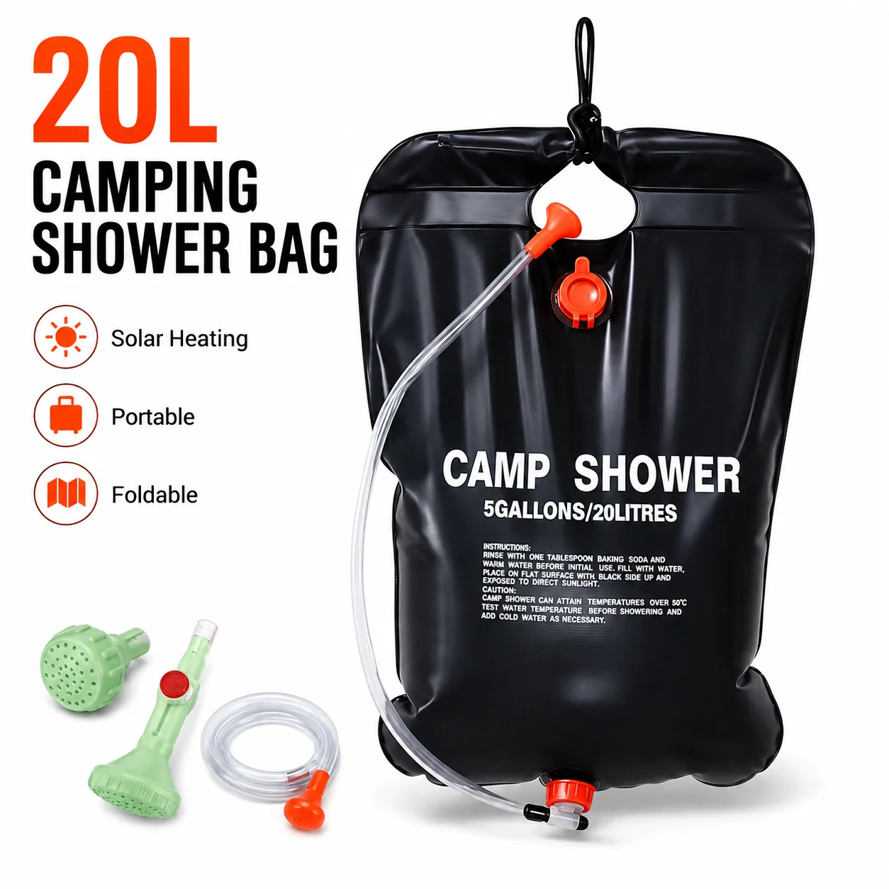 Outdoor Solar Shower Bag 20L Portable Camping Water Carrier with Hose Nozzle Foldable PVC for Hiking Beach Travel Bathing
