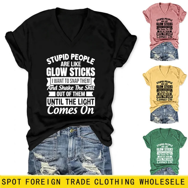 

Летняя повседневная женская футболка с V-образным вырезом, стильный и молодежный свободный универсальный топ в корейском стиле.