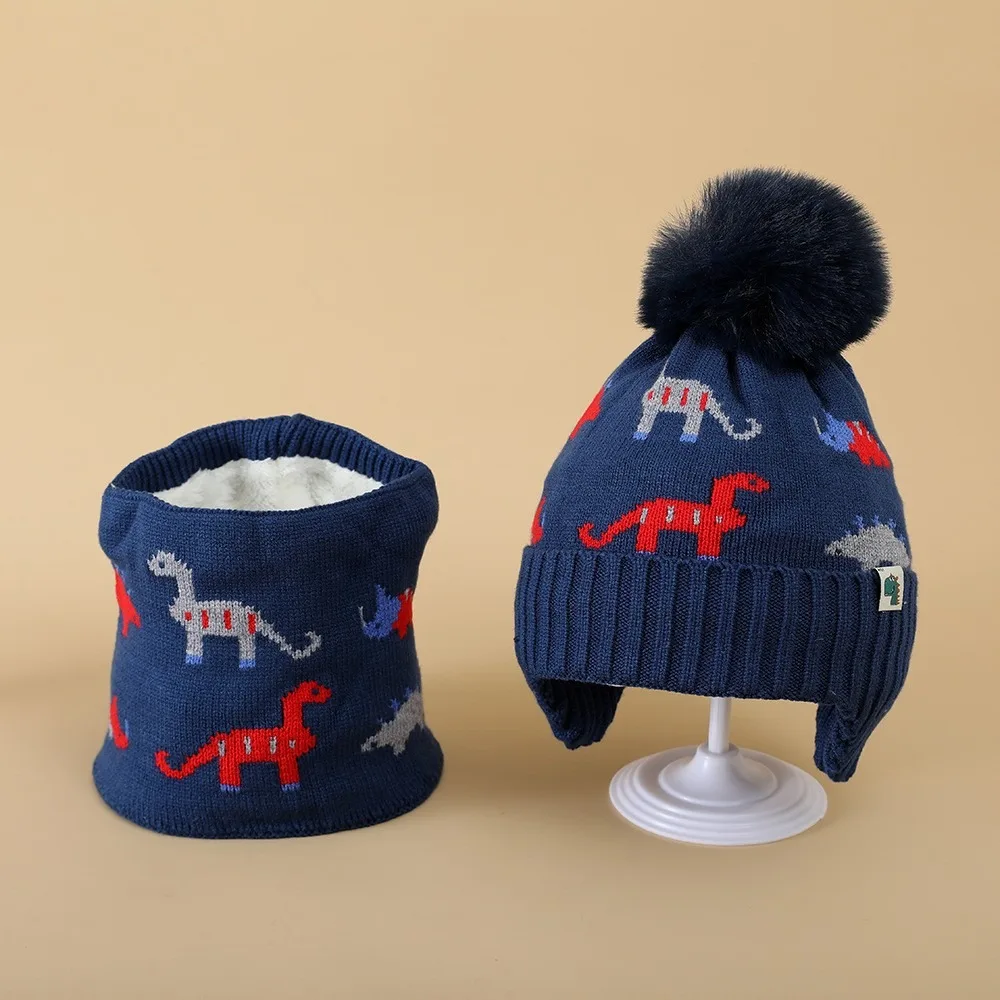 

2Pcs Set New Thickened Baby Beanie Cap Cartoon Dinosaur Warm Knitted Hat Ear Protection Scarf Set Winter