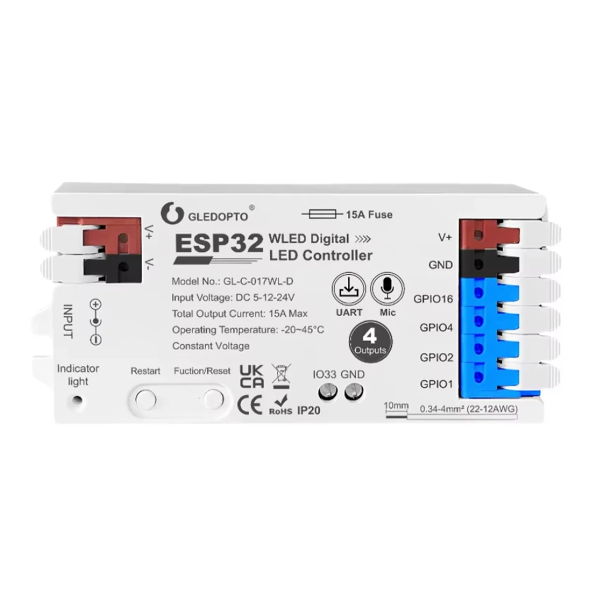 ABNJ ESP32 WLED Controller 4 เอาต์พุต 15A ฟิวส์ไมโครโฟนเสียงแบบไดนามิกไฟ DIY ประหยัดพลังงานรีเลย์ระดับ Shifter IC สีขาว