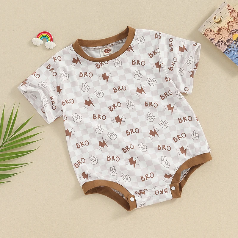

Baby Boy Summer Rompers Short Sleeve Round Neck Checkerboard Print Bodysuits Newborn Playsuits