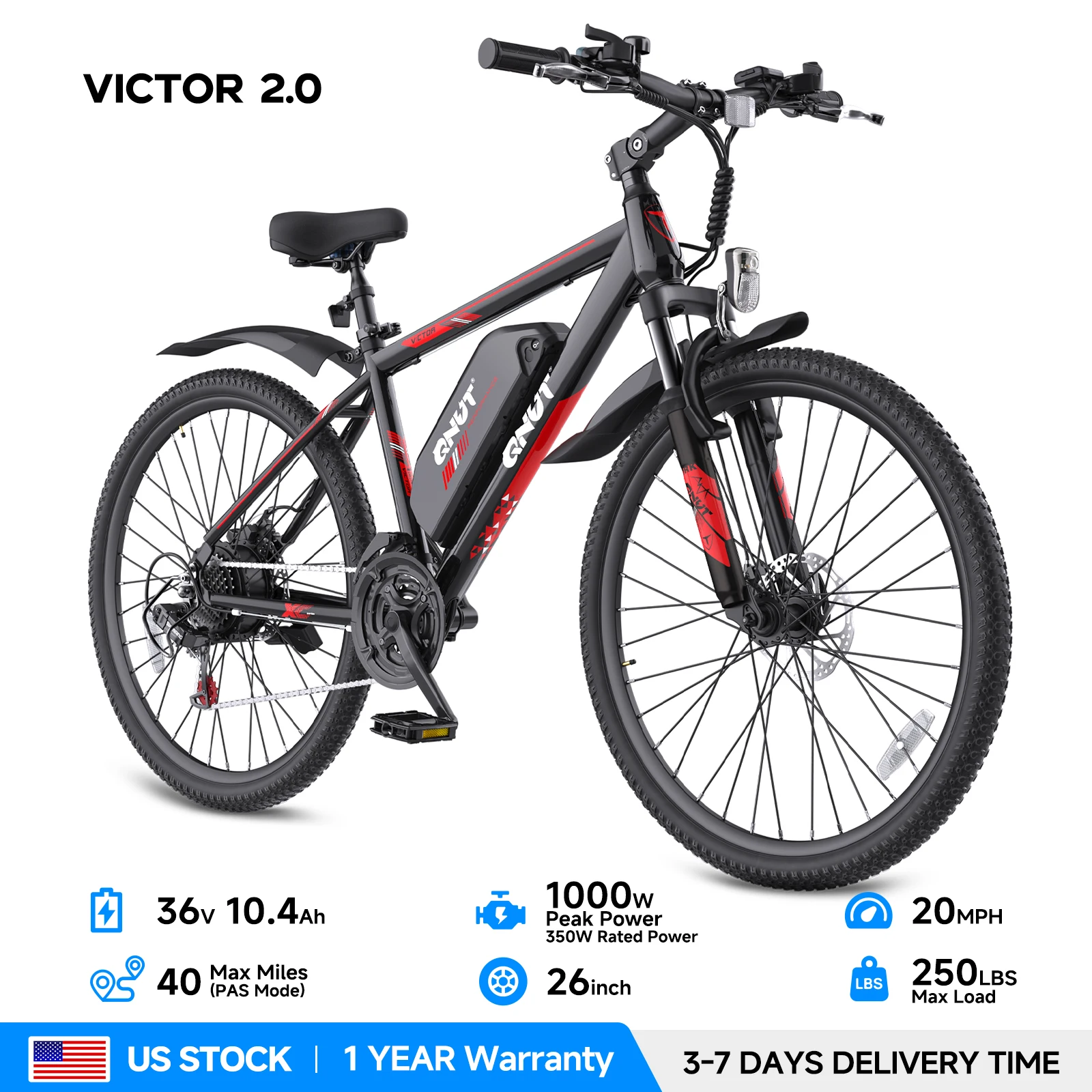 QNUT Victor Electric Bike Adults Electric Bicycle Peak 1000W 36V 7.8AH&10.4AH E Bike 26' Fat Tire Mountain Bike 20mph Electric Dirt Bike image 4