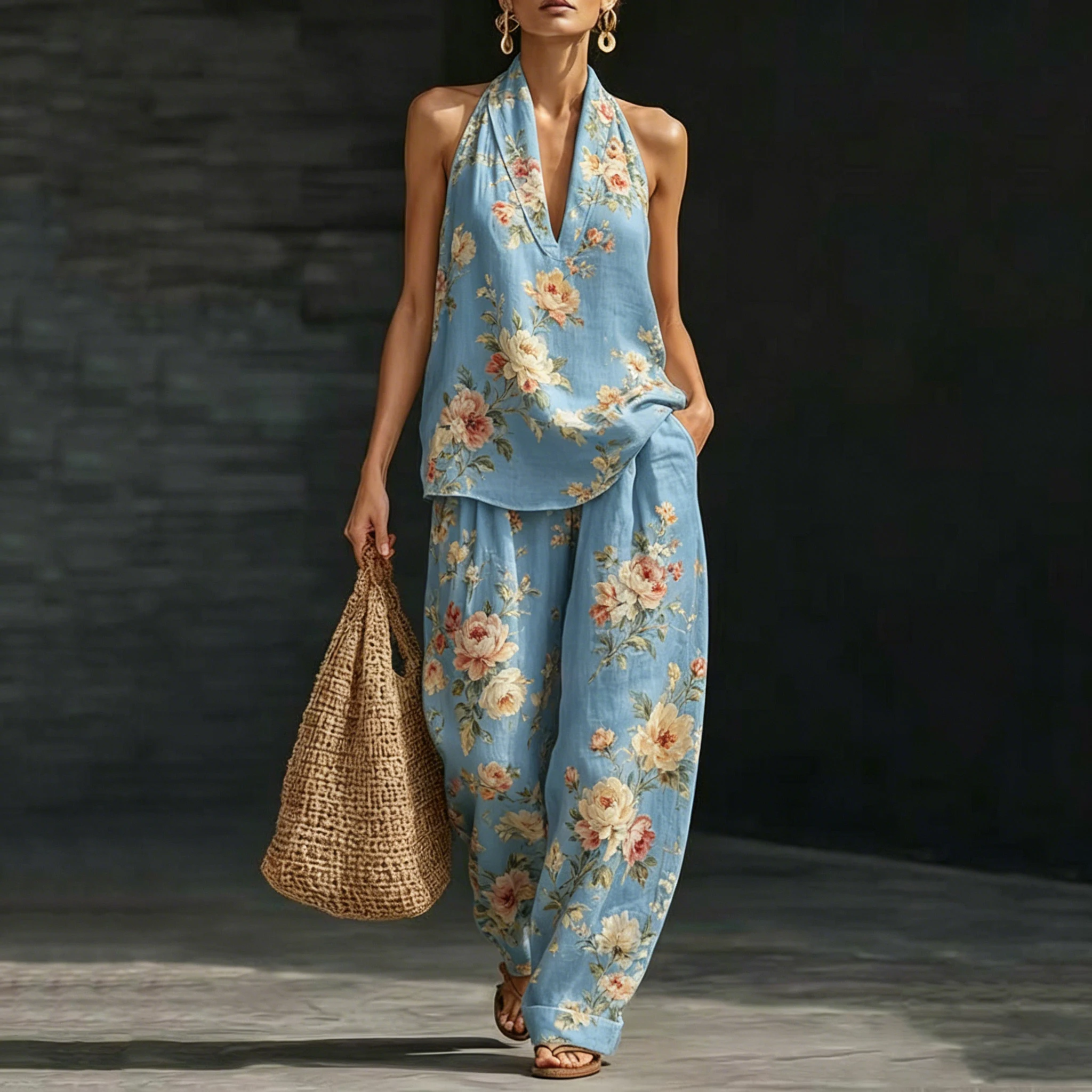 

Women's Casual Two-piece Set Summer Flower Print Wide-leg Pants Sleeveless V-Neck Halter Top Two-piece Set For Women Clothing
