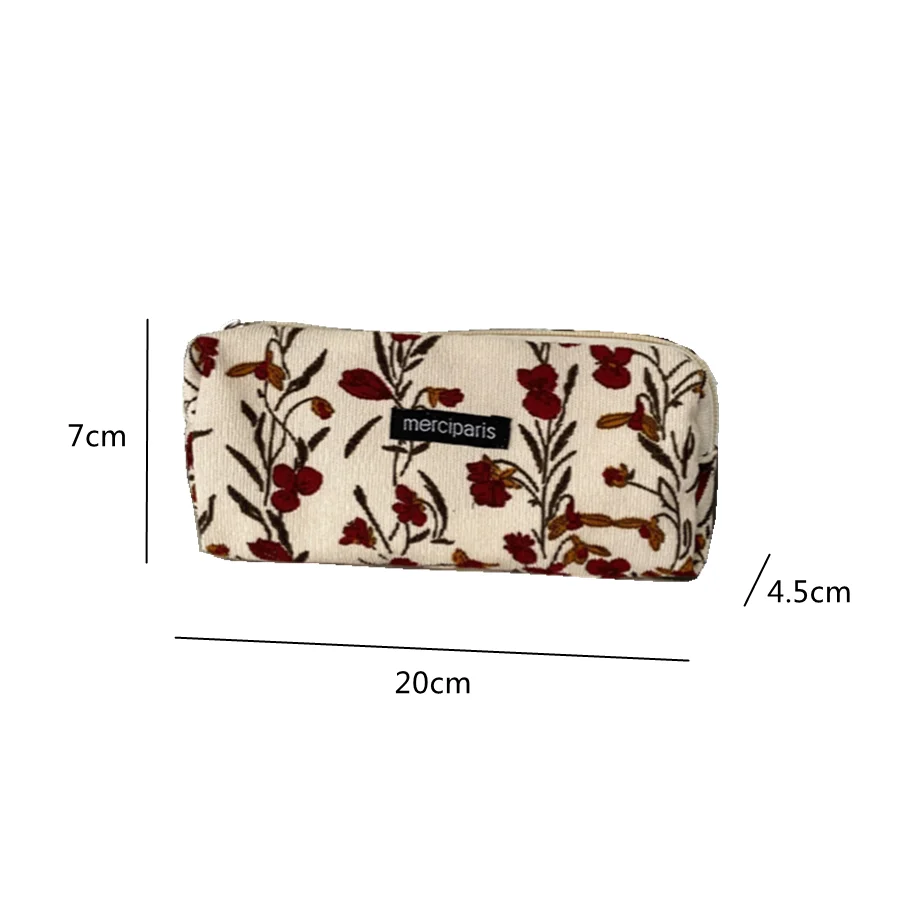 Cute Floral Corduroy Pencil Case Small Cosmetic Lipstick Travel Portable Storage Bag Stationery Pen Makeup Bag Handbag Organizer