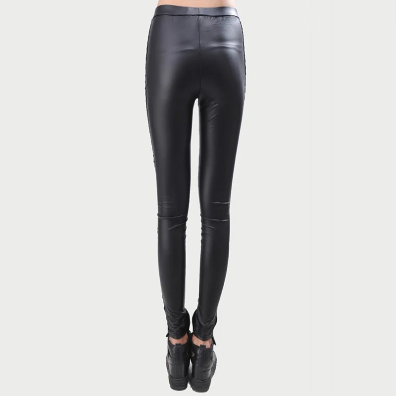 Stijlvolle Sexy Vrouwen Faux Lederen Gothic Punk Leggings Broek Kant Skinny Negen-Punts Broek Imitatie Lederen Broek