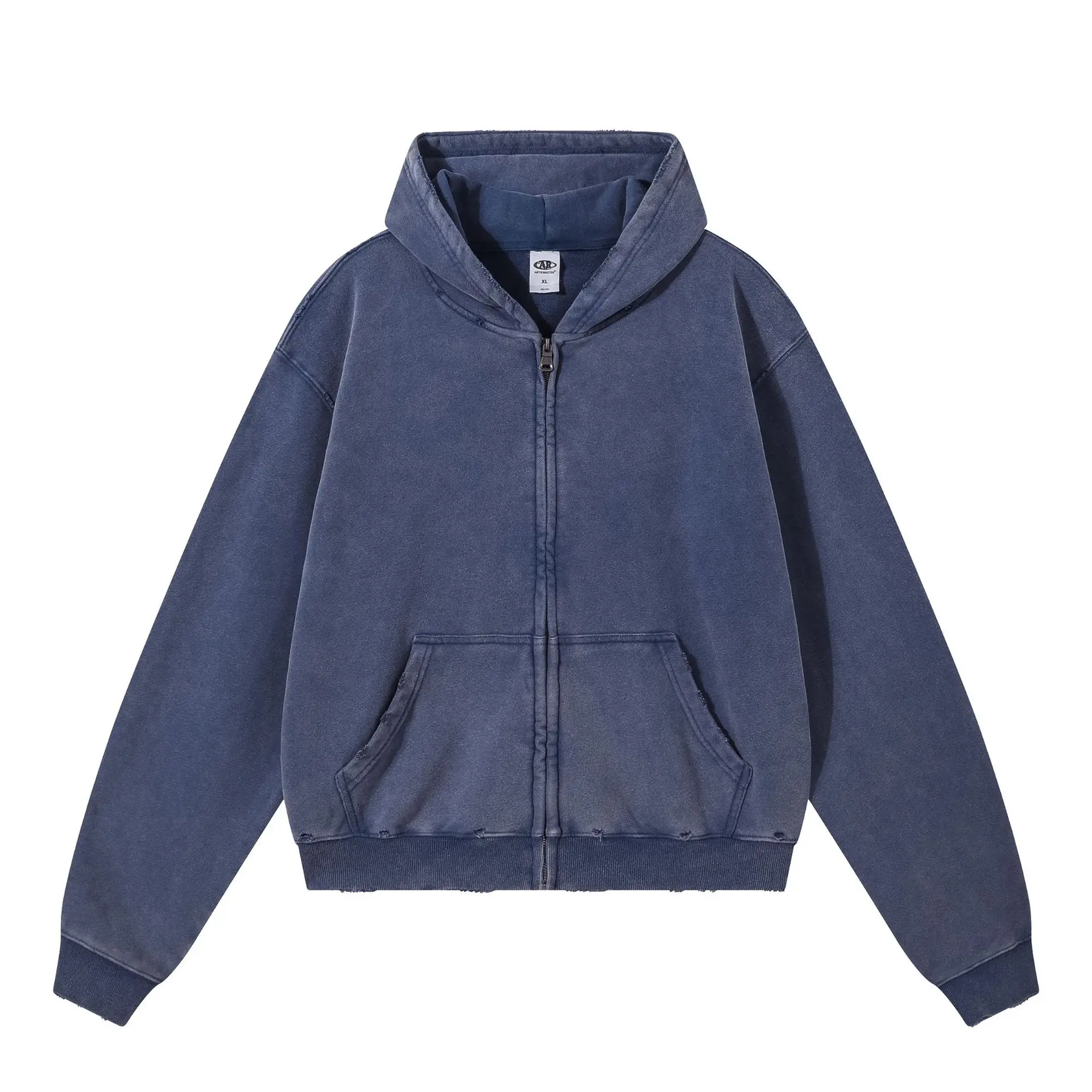 Frayed Worn Zip Up Hoodie Men's and Women's American Casual Washed Hoodie Jacket Distressed Holes Sweatshirt Pullovers Hip Hop
