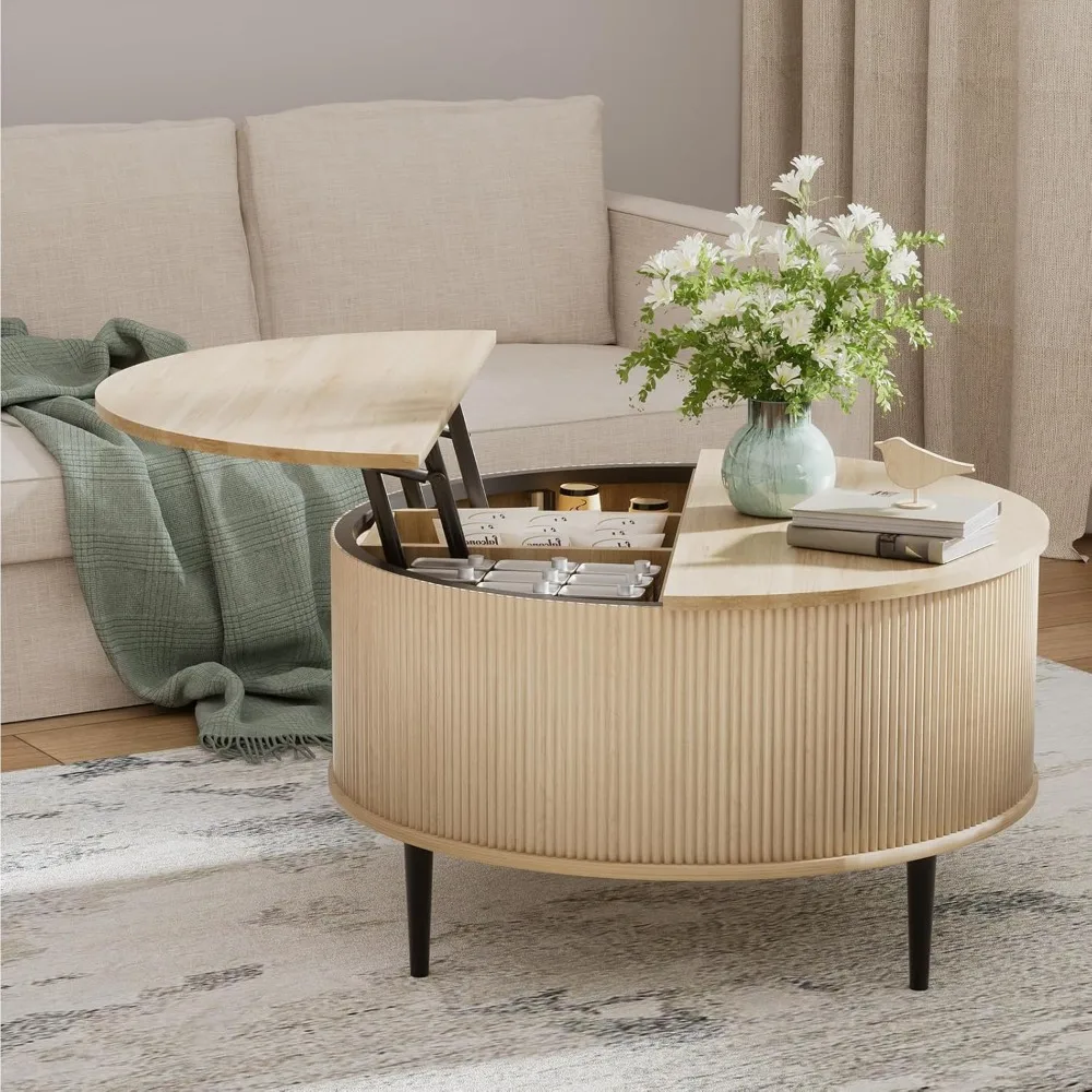 Round Coffee Table with Storage, 31.5 Lift top Coffee Table，Fluted Modern Wooden Center Table for Living Room, Small Spac