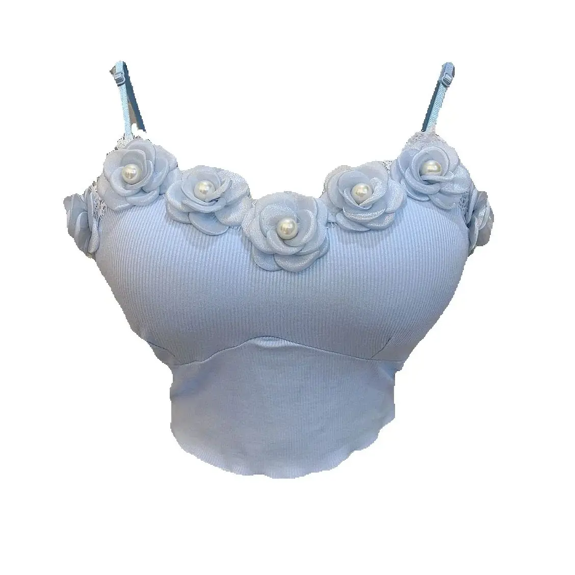 Hot Chick Blue Beading Camellia High Waist Crop Tanks Top V-neck Slimming Basic Camisole Elegant Women Chest Pad Sweet Camis