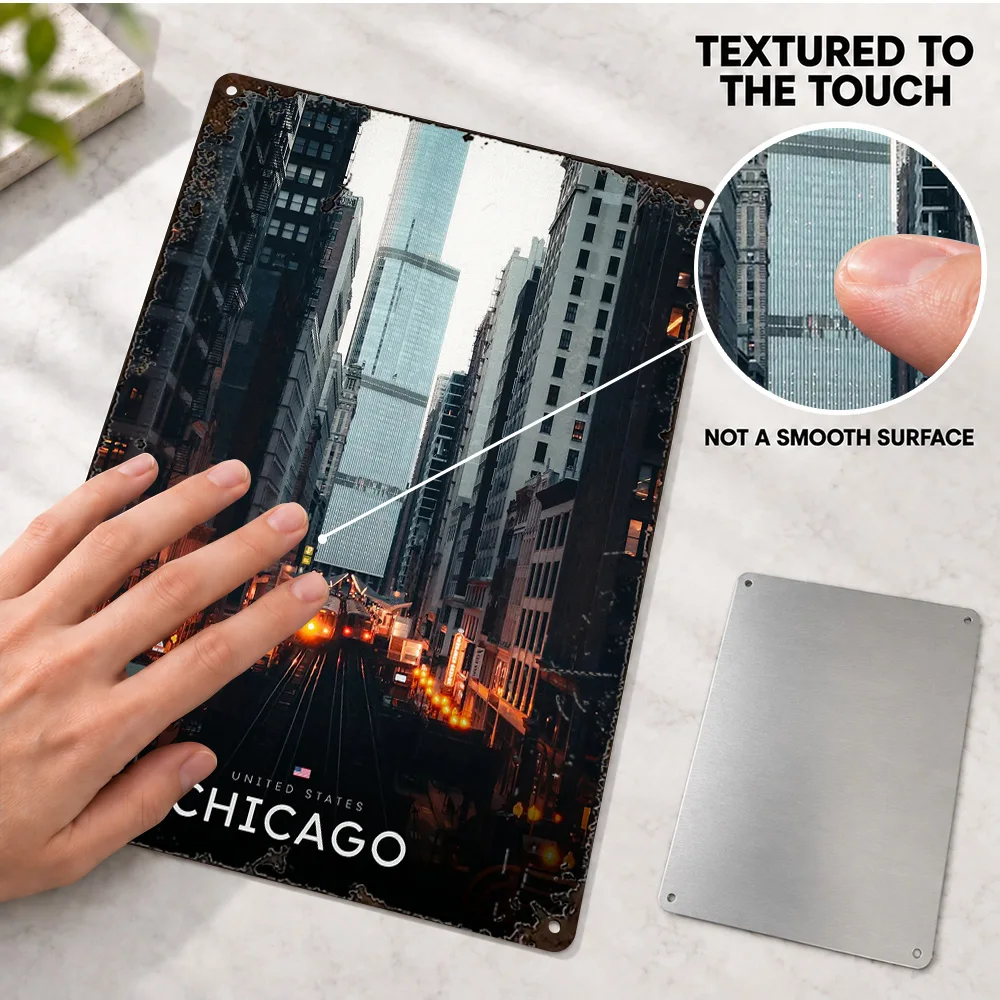 Chicago Cityscape Train Tracks Textured Metal Poster Architectural Wall Art For Hallway Customized Aluminum Sign Traveler Gift