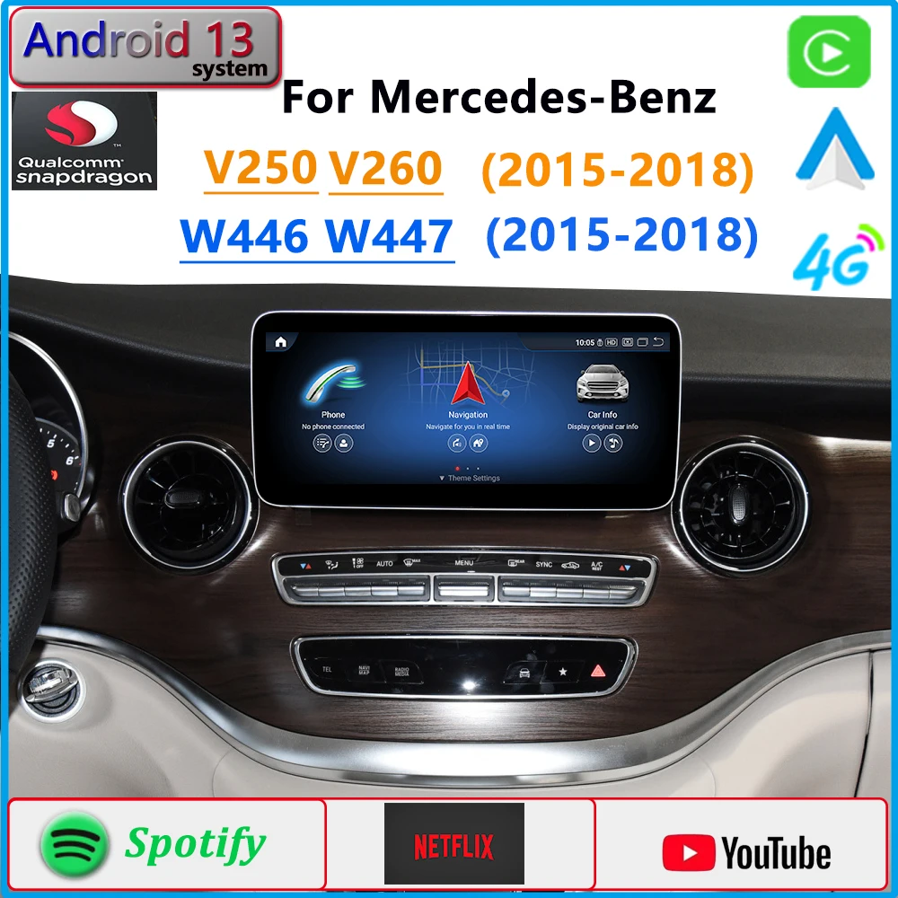 Android 13 Qualcomm For Mercedes Benz V-Klasse V446 V260 V250 W447 2015 CarPlay GPS Navigation Car Radio Multimedia Playe Screen