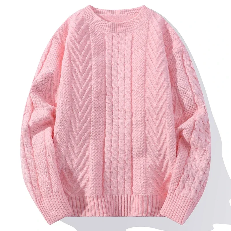 2024 Autumn Winter Knitted Men's Casual Sweater High Quality Round Neck Twists Weaving Pink Pullover Men Fashion Warm Sweater