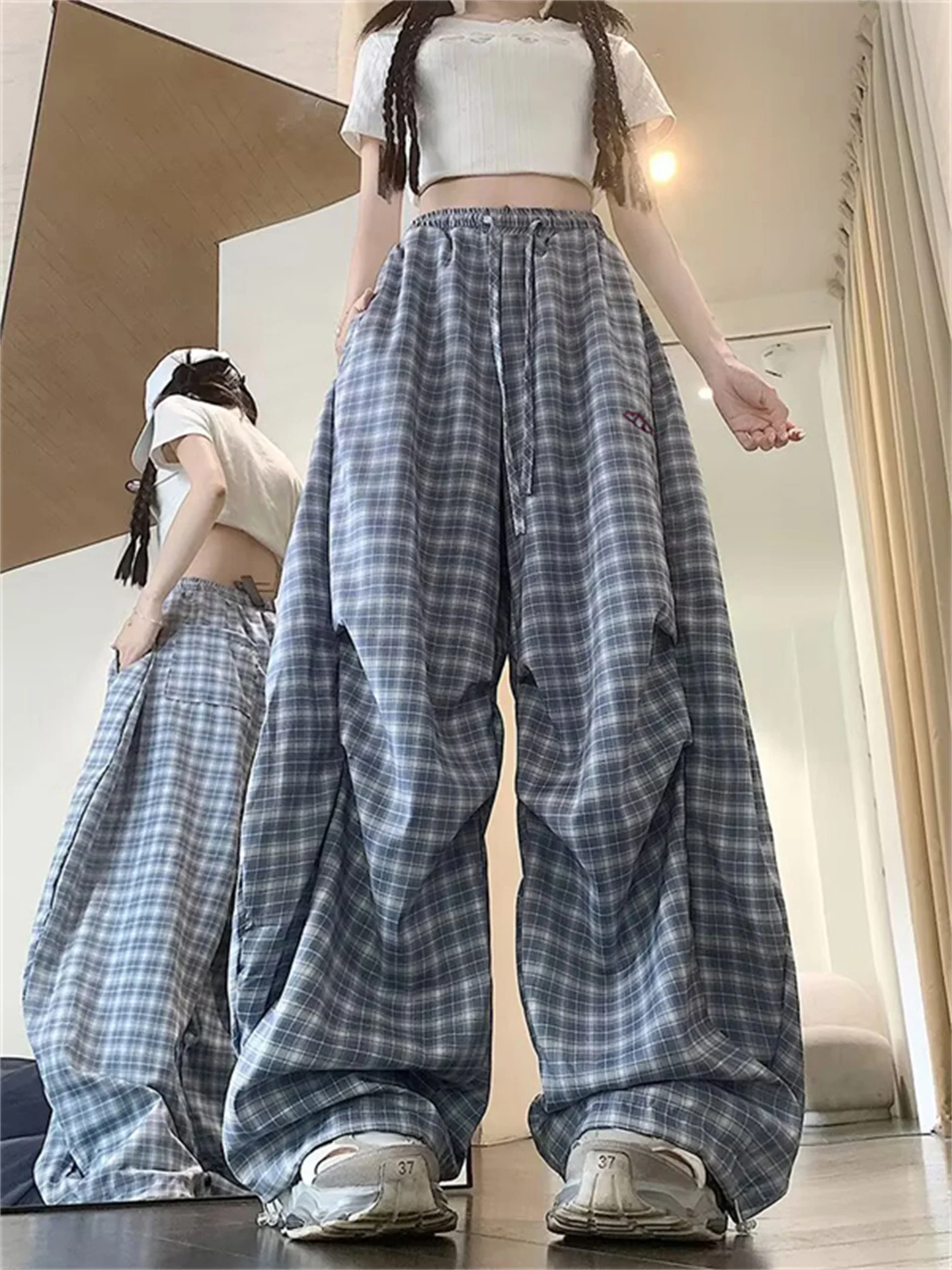 

Синие повседневные брюки в клетку свободного кроя с широкими штанинами для мужчин и женщин, летние, в американском ретро-стиле, удлиненные, до пола