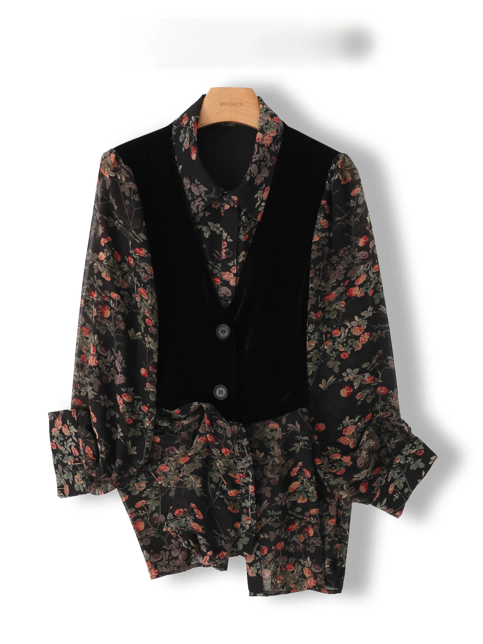 

Printed Long Sleeve Loose Women's Shirt Fake Two-Piece Chiffon Fabric Floral Pattern Vintage Style Collar Button Closure