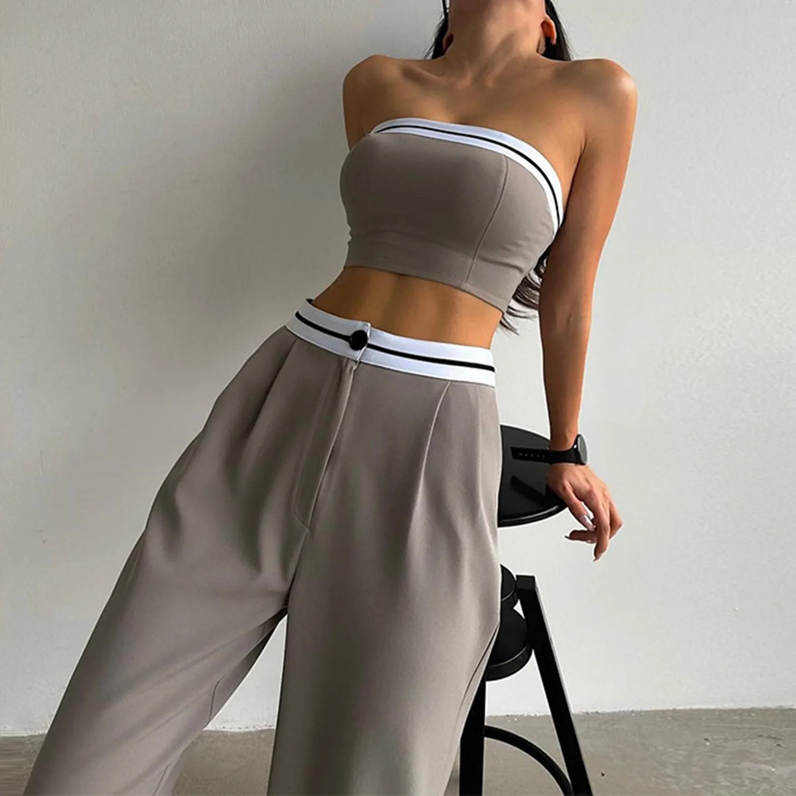 

Sexy Women'S Tracksuit With Boob Tube Top Slash Neck Contrast Color Wide Leg Trousers Sports Suit For Women 2-Pieces Set Outfit