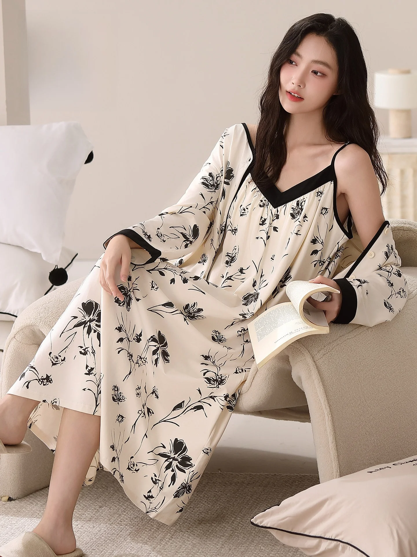robe-de-nuit-en-coton-a-col-en-v-sexy-pour-femme-avec-coussinets-de-poitrine-ensemble-deux-pieces-pour-le-printemps-et-l'automne-manches-longues-jupe-mi-longue