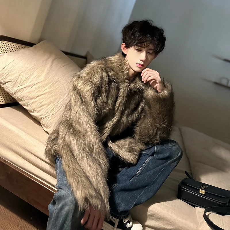 FEWQ Winter Men\'s Faux Fur Coat New Fashion Wool Sweater Jackets Short Trend Cotton Clothing 2023 Personality Streetwear 24X3189