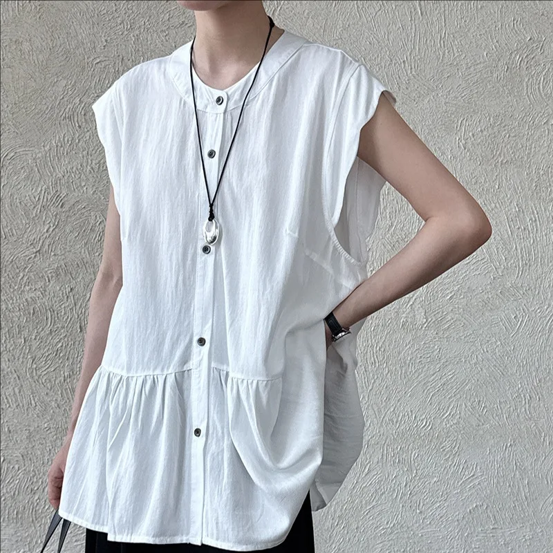 

Summer new casual o-neck ruffled sleeveless shirt women's top