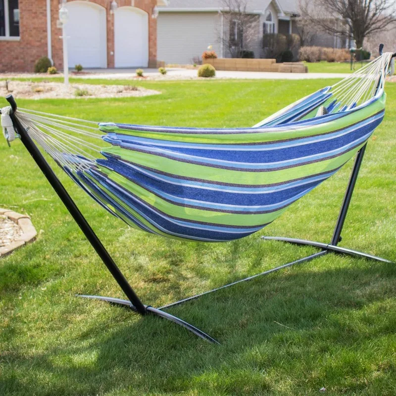 Ocean Floor Pattern - Portable Double 2 Person Outdoor Hammock with Stand - Green and Blue - 9 x 3 Foot Hammock