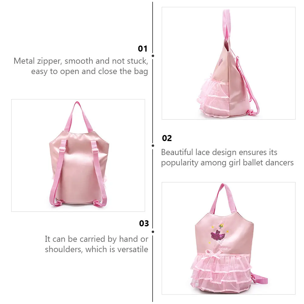 1Pcs Pink Ballet Backpack Adjustable Straps with Lace Design Metal Zipper Versatile Handbag for Dance Label for Name Phone