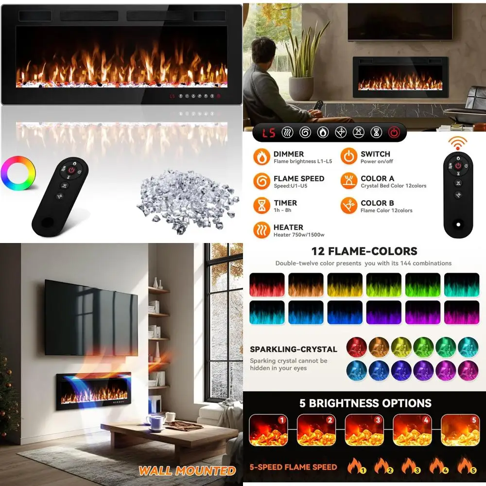 

Ultra-Thin 42 Inch Linear Electric Fireplace Heater - 750/1500W Wall-Mounted or Recessed Fireplace Insert with Modern Design